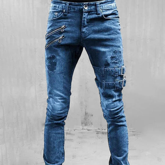 Rex - Men's Ripped Skinny Biker Pants with Buckle Details, Edgy Denim 1