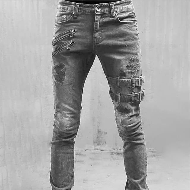 Rex - Men's Ripped Skinny Biker Pants with Buckle Details, Edgy Denim 2