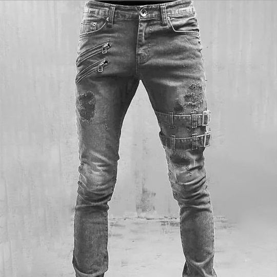 Rex - Men's Ripped Skinny Biker Pants with Buckle Details, Edgy Denim 2