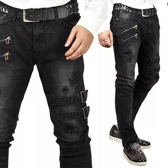Rex - Men's Ripped Skinny Biker Pants with Buckle Details, Edgy Denim 3