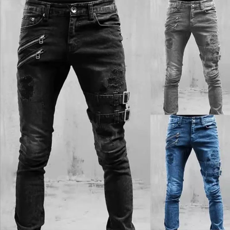 Rex - Men's Ripped Skinny Biker Pants with Buckle Details, Edgy Denim 4