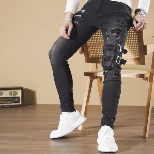 Rex - Men's Ripped Skinny Biker Pants with Buckle Details, Edgy Denim 5