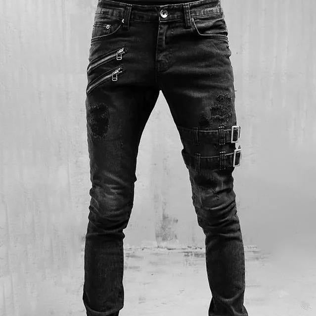Rex - Men's Ripped Skinny Biker Pants with Buckle Details, Edgy Denim 0