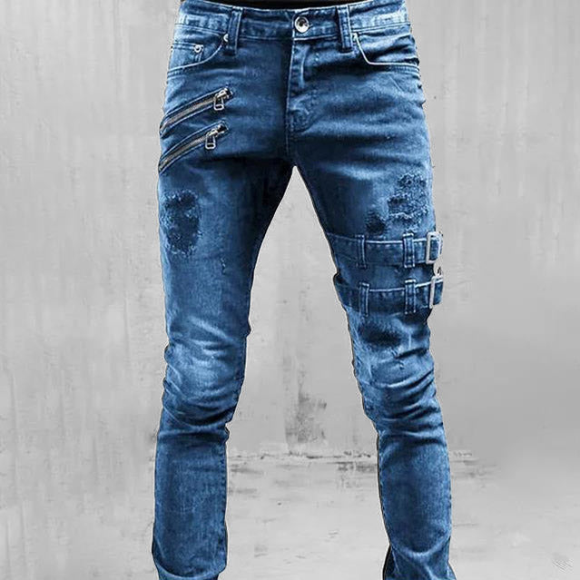 Rex - Men's Ripped Skinny Biker Pants with Buckle Details, Edgy Denim 1