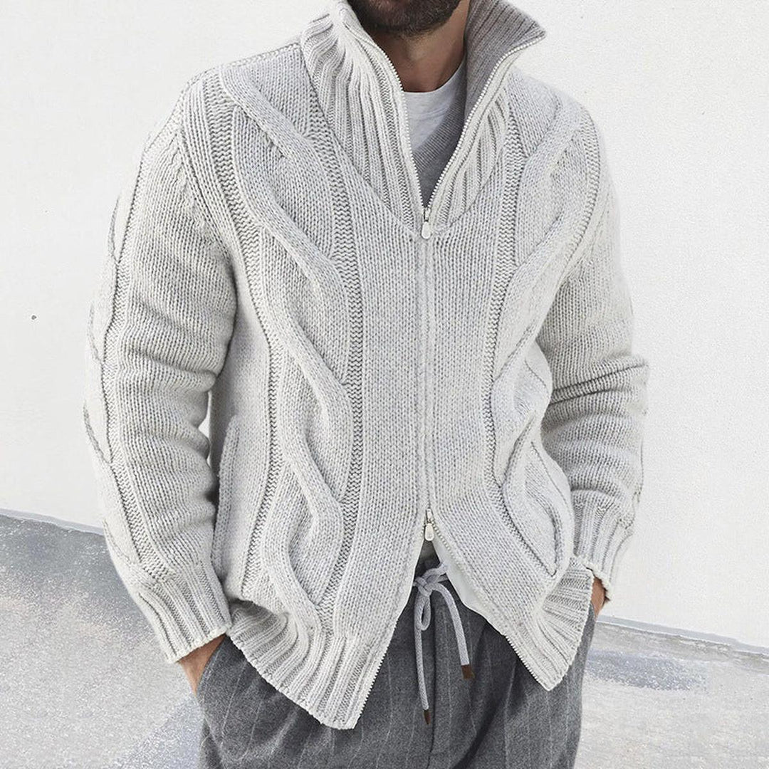 Wade - Men's Wool Blend Zip Front Cardigan Relaxed Fit with Cable Knit Sleeves 0