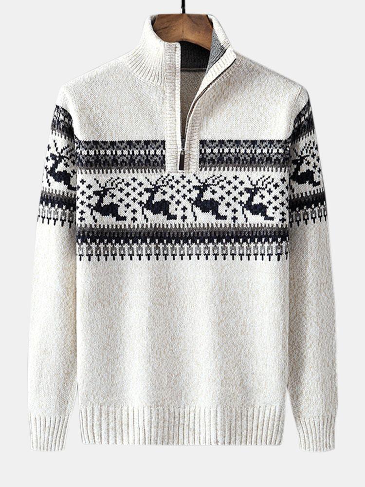 Cleo | Festive Moose Print Half Zip Sweater for Cozy Winter Style