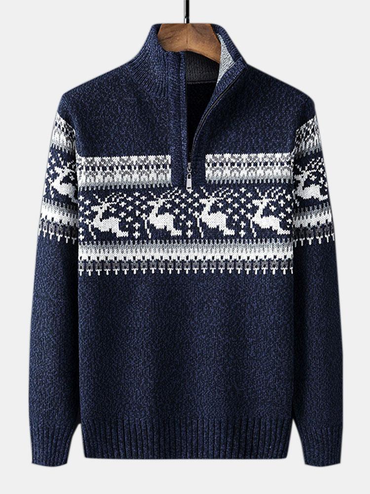Cleo | Festlicher Elchdruck Halb-Reißverschluss Pullover für gemütlichen Winterstil